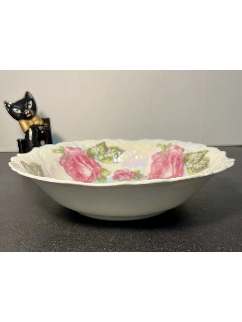 Antique 1910s Serving Bowl Iridescent Lusterware Pink Roses, 10.5x2.5” DAMAGED